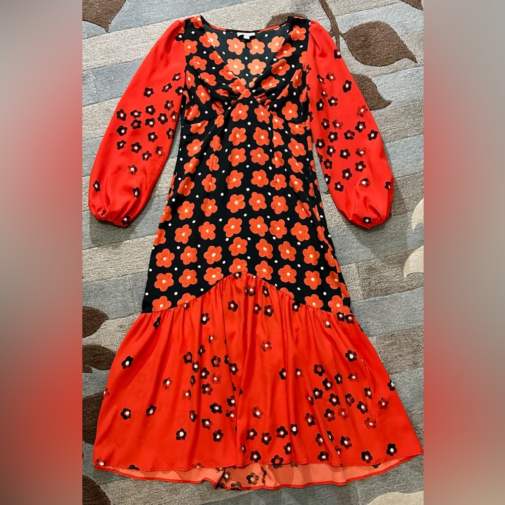 Topshop Long Sleeve Flounced Floral ColorBlock Midi Dress Navy & Poppy Red TB15 - Picture 2 of 12